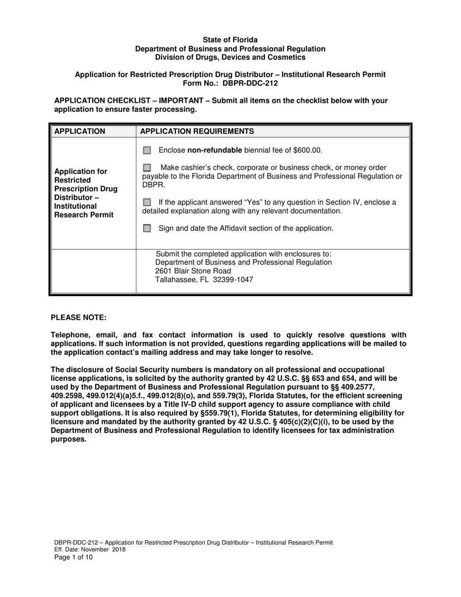 Form DBPR-DDC-212 Application for Restricted Prescription Drug Distributor - Institutional Research Permit - Florida, Page 1