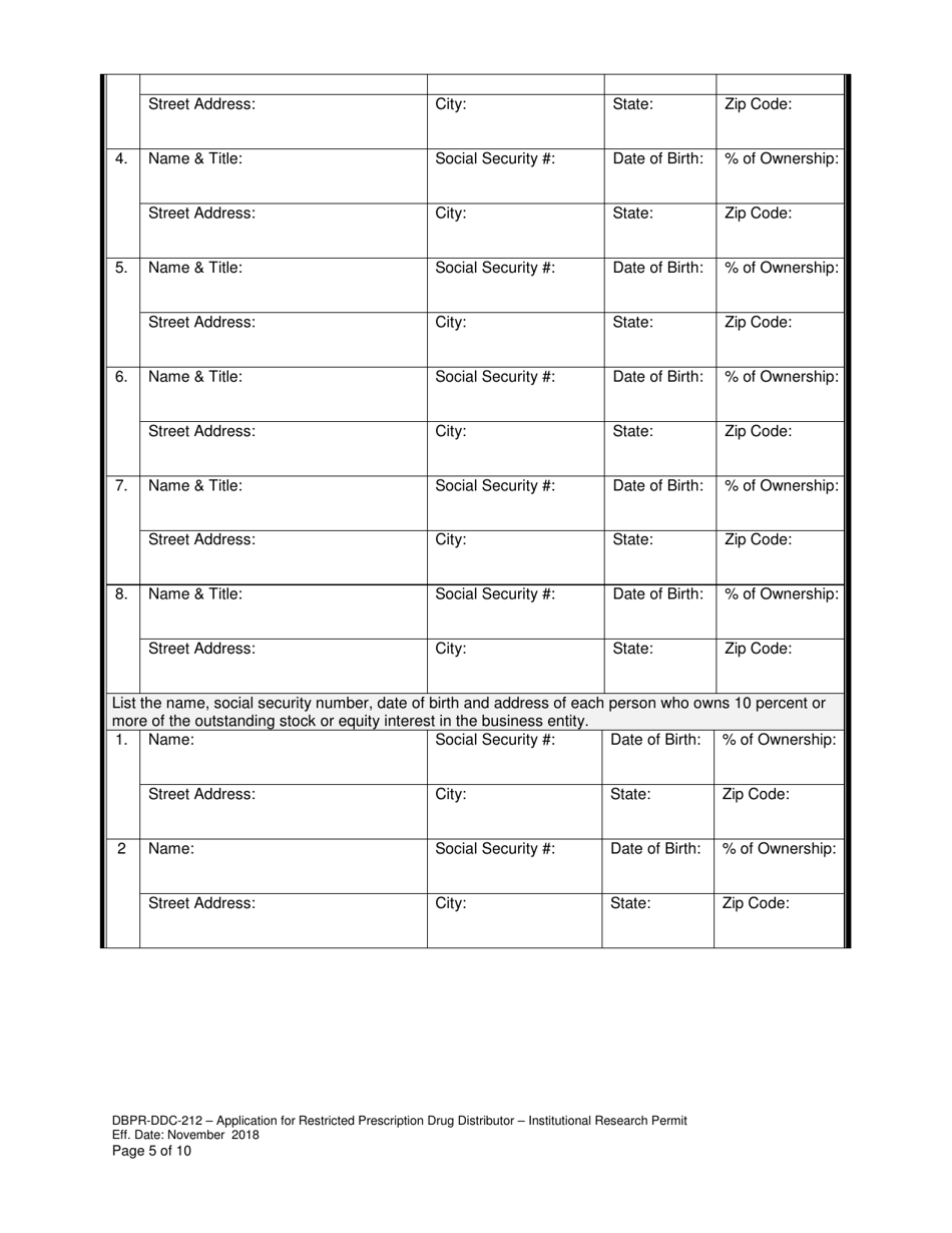Form DBPR-DDC-212 Application for Restricted Prescription Drug Distributor - Institutional Research Permit - Florida, Page 5