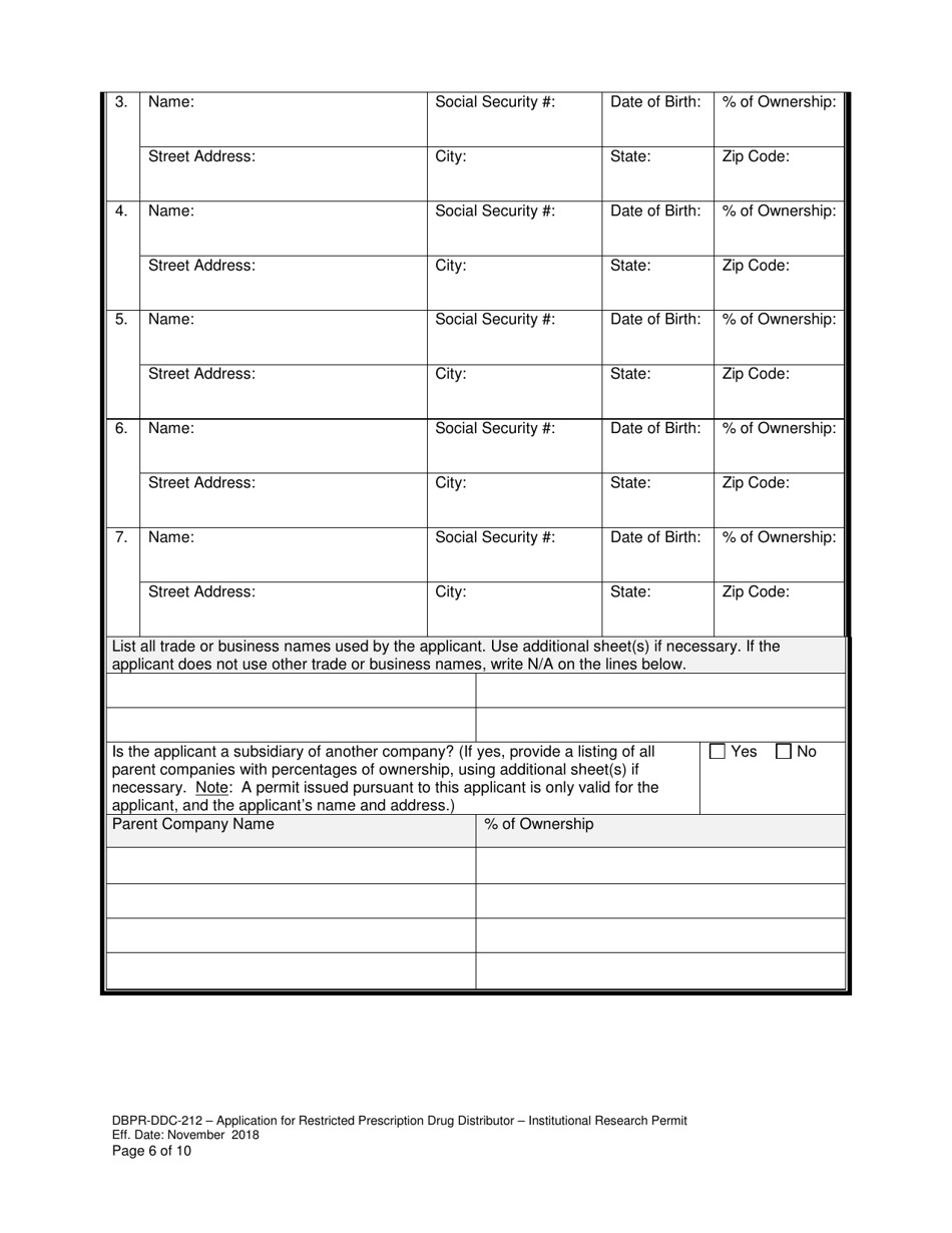 Form DBPR-DDC-212 Application for Restricted Prescription Drug Distributor - Institutional Research Permit - Florida, Page 6
