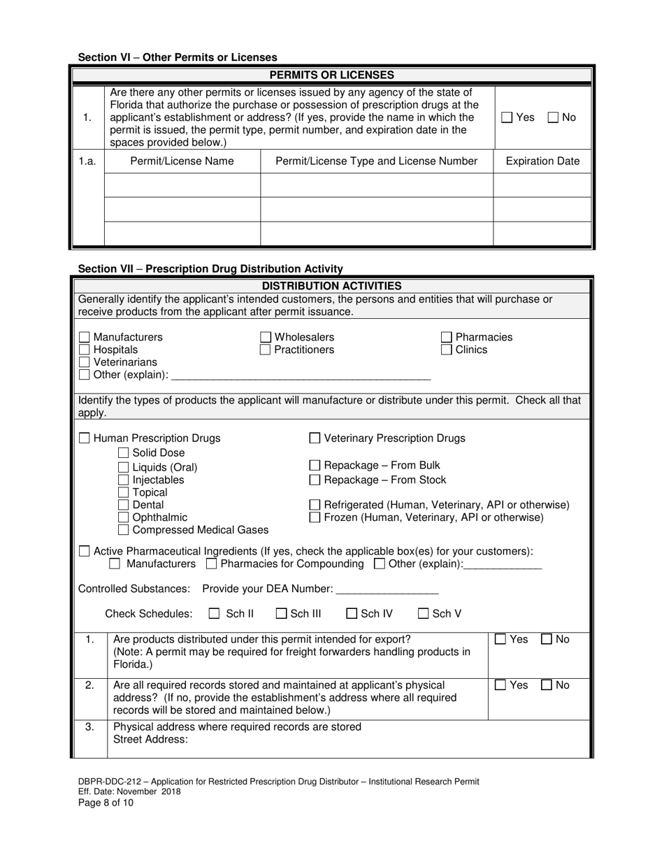 Form DBPR-DDC-212 Application for Restricted Prescription Drug Distributor - Institutional Research Permit - Florida, Page 8
