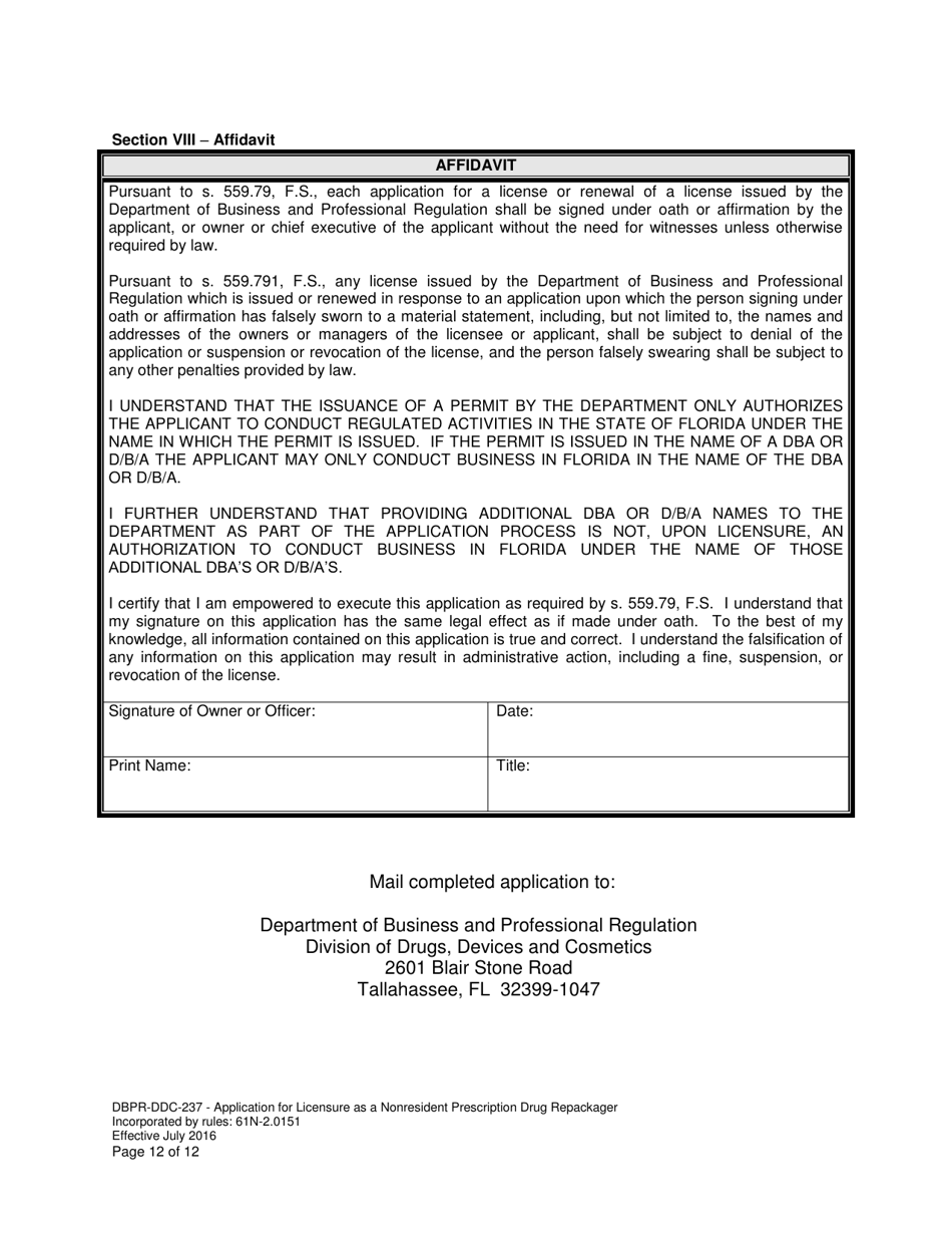 Form DBPR-DDC-237 Application for Permit as a Nonresident Prescription Drug Repackager - Florida, Page 12