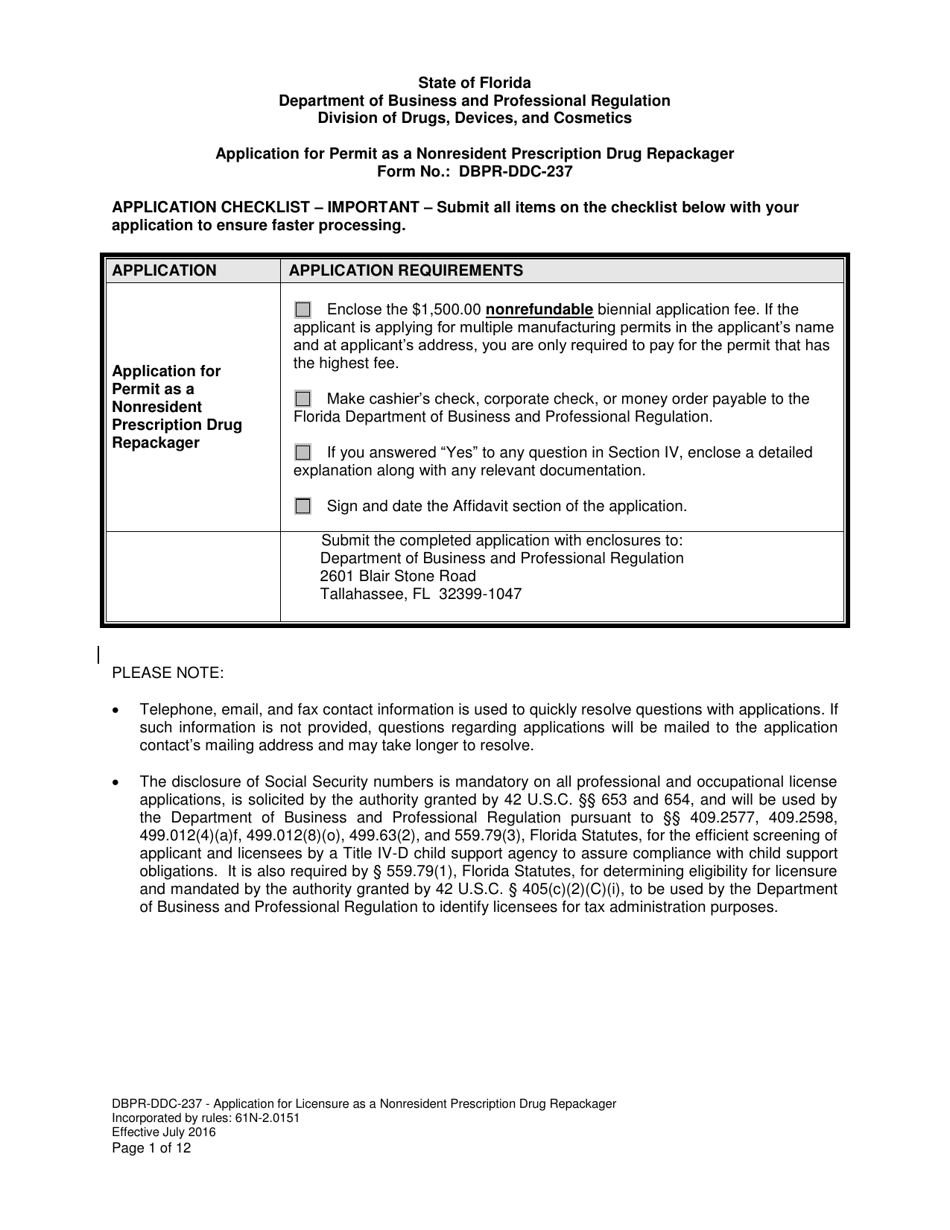 Form DBPR-DDC-237 Application for Permit as a Nonresident Prescription Drug Repackager - Florida, Page 1
