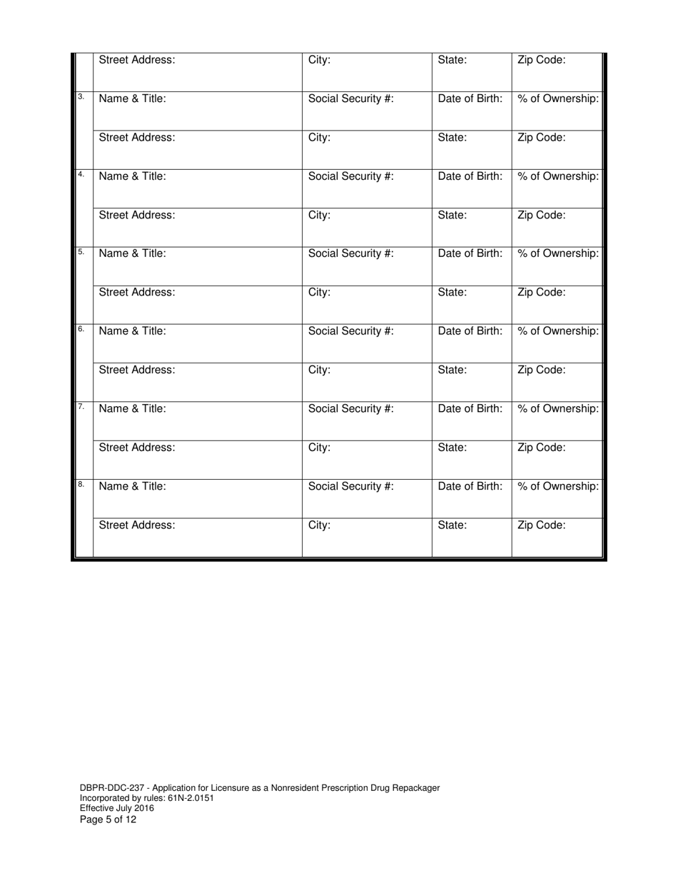Form DBPR-DDC-237 Application for Permit as a Nonresident Prescription Drug Repackager - Florida, Page 5