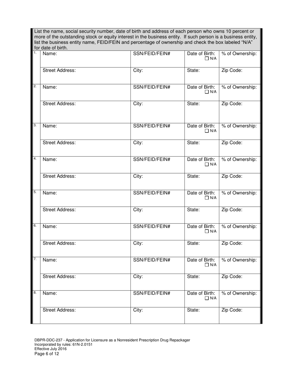 Form DBPR-DDC-237 Application for Permit as a Nonresident Prescription Drug Repackager - Florida, Page 6