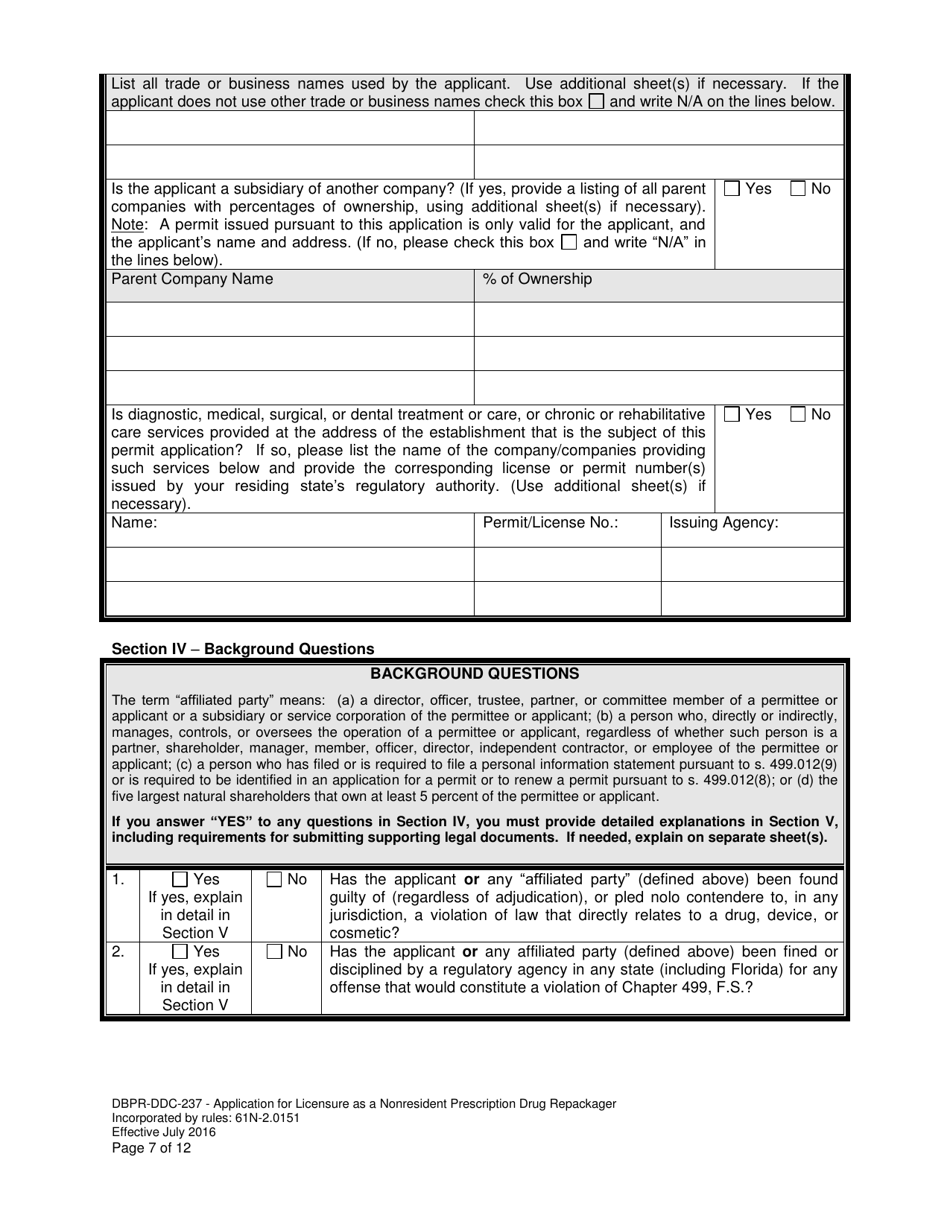 Form DBPR-DDC-237 Application for Permit as a Nonresident Prescription Drug Repackager - Florida, Page 7