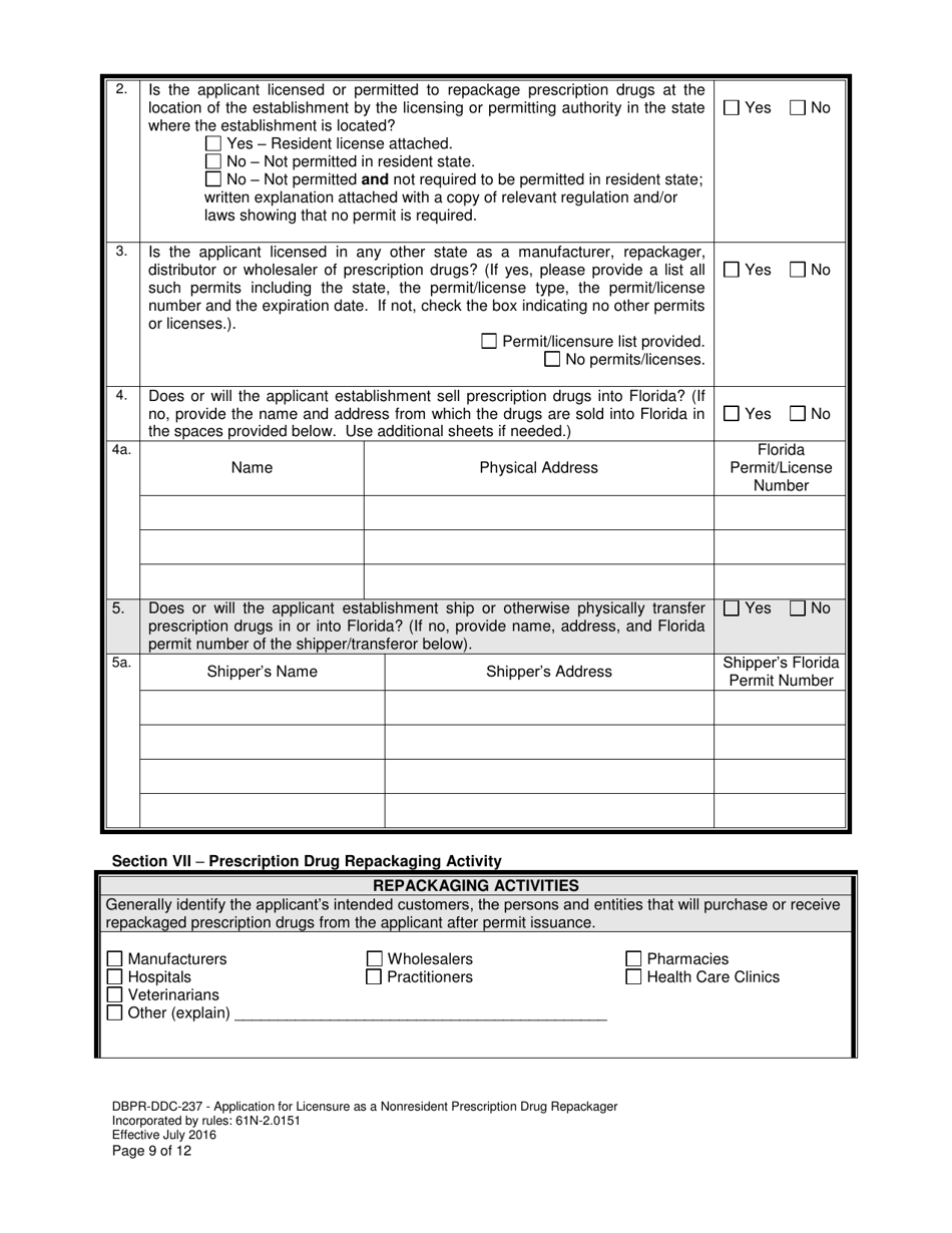 Form DBPR-DDC-237 Application for Permit as a Nonresident Prescription Drug Repackager - Florida, Page 9