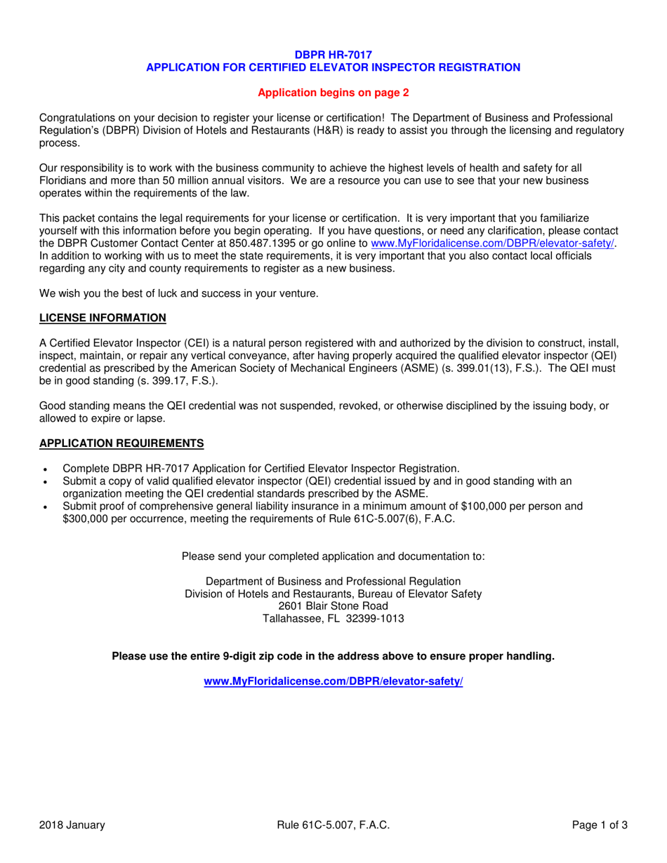 Form DBPR HR-7017 Application for Certified Elevator Inspector Registration - Florida, Page 1