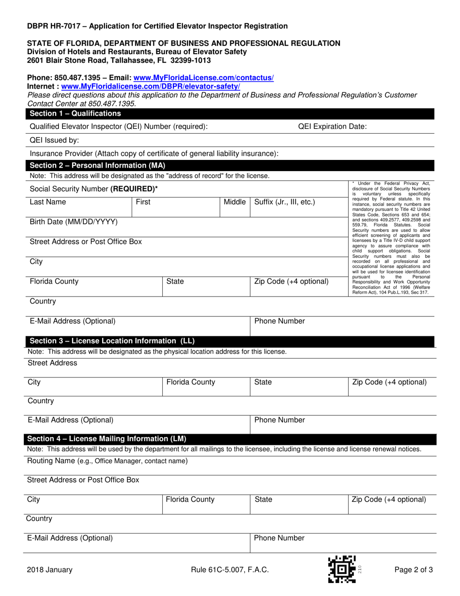 Form DBPR HR7017 Download Fillable PDF or Fill Online Application for