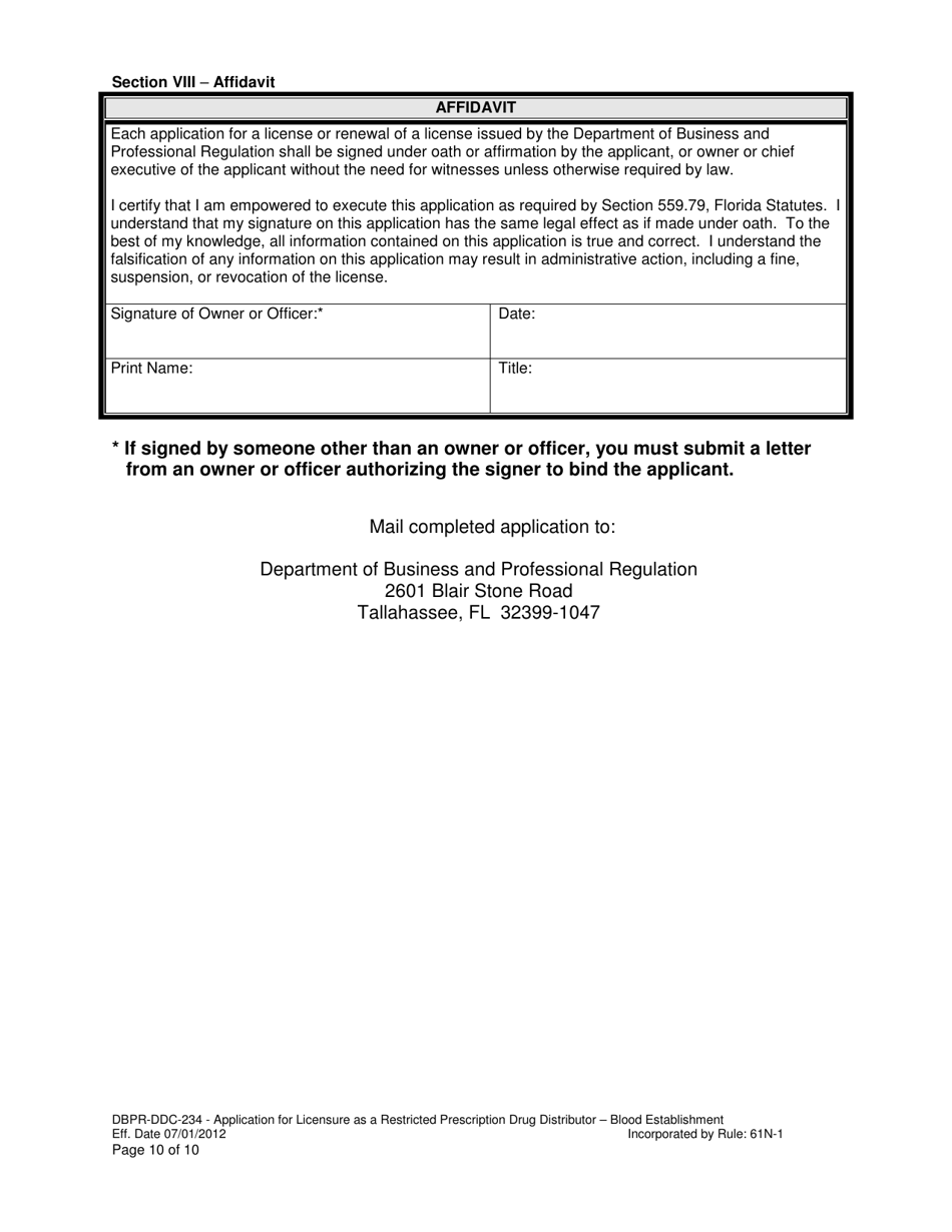 Form DBPR-DDC-234 Application for Restricted Prescription Drug Distributor - Blood Establishment - Florida, Page 10