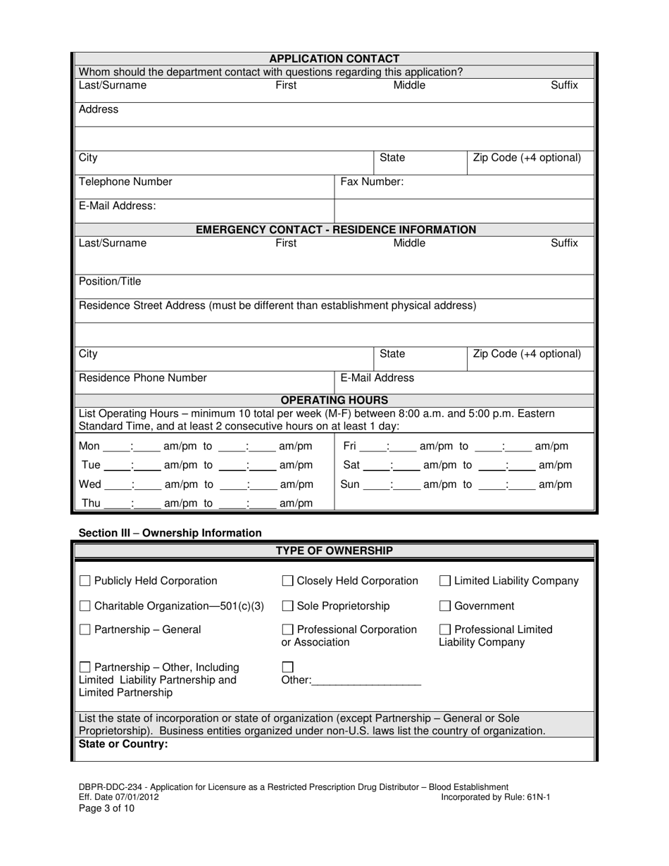 Form DBPR-DDC-234 Application for Restricted Prescription Drug Distributor - Blood Establishment - Florida, Page 3
