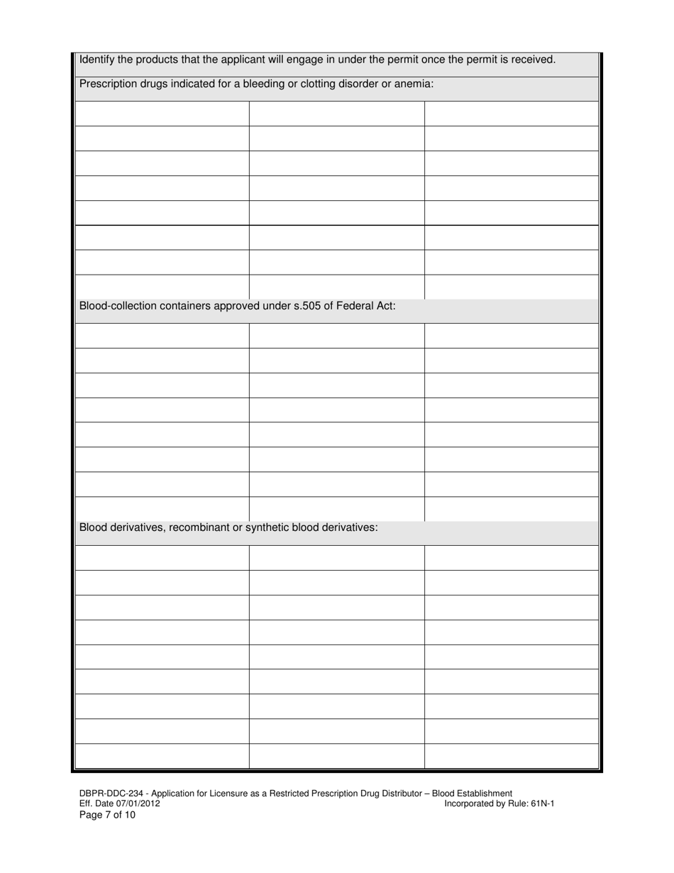 Form DBPR-DDC-234 Application for Restricted Prescription Drug Distributor - Blood Establishment - Florida, Page 7