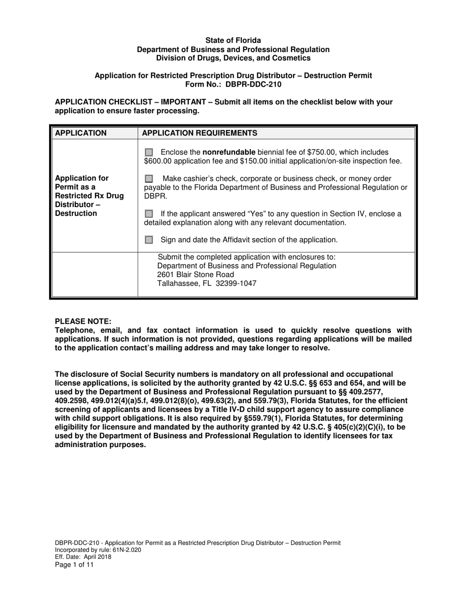 Form DBPR-DDC-210 Application Restricted Prescription Drug Distributor - Destruction Permit - Florida, Page 1