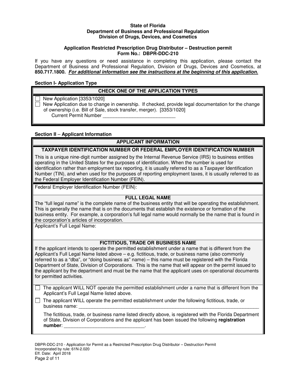 Form DBPR-DDC-210 Application Restricted Prescription Drug Distributor - Destruction Permit - Florida, Page 2