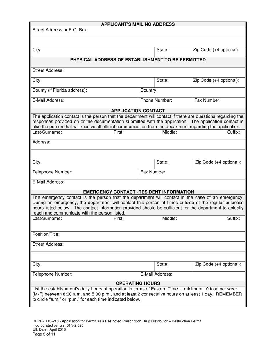 Form DBPR-DDC-210 Application Restricted Prescription Drug Distributor - Destruction Permit - Florida, Page 3