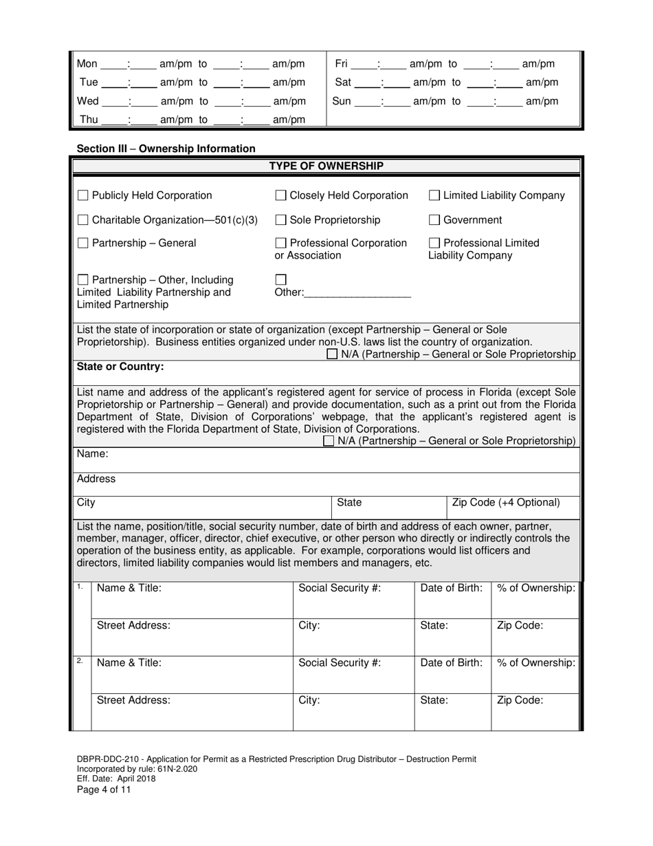 Form DBPR-DDC-210 Application Restricted Prescription Drug Distributor - Destruction Permit - Florida, Page 4