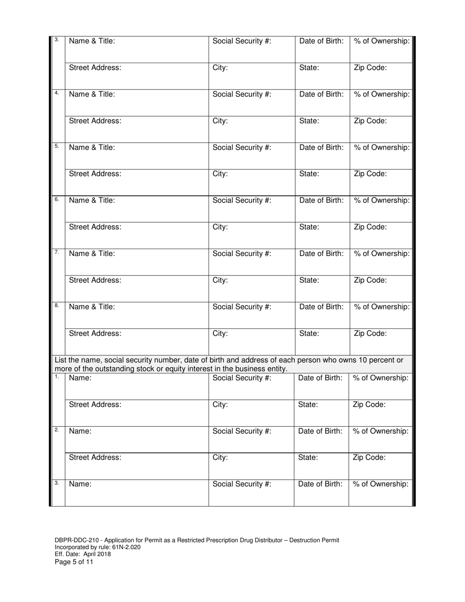 Form DBPR-DDC-210 Application Restricted Prescription Drug Distributor - Destruction Permit - Florida, Page 5