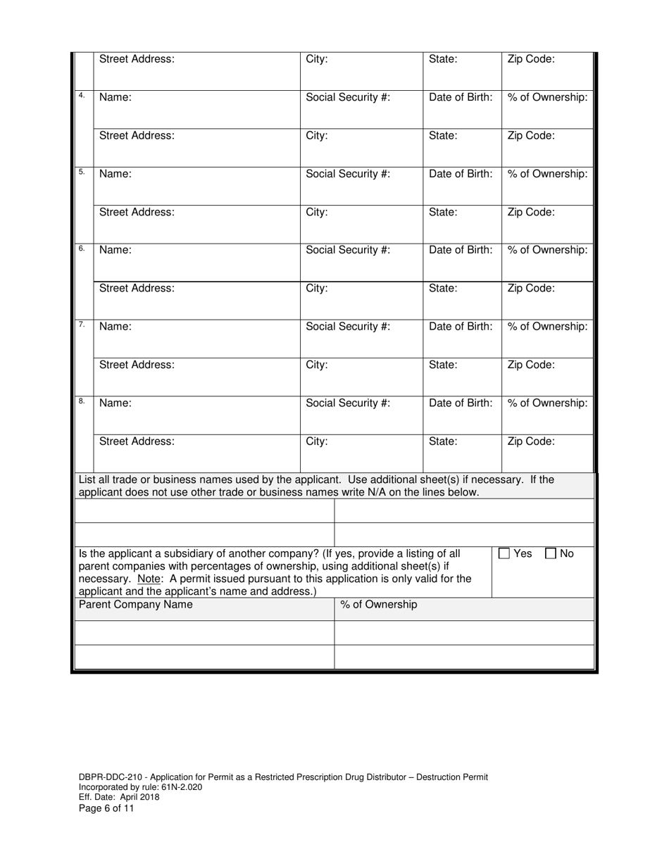 Form DBPR-DDC-210 Application Restricted Prescription Drug Distributor - Destruction Permit - Florida, Page 6