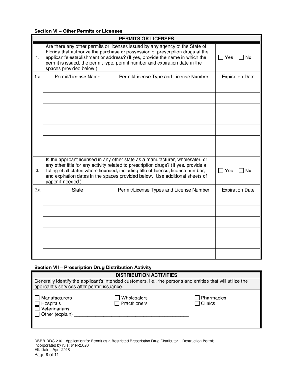 Form DBPR-DDC-210 Application Restricted Prescription Drug Distributor - Destruction Permit - Florida, Page 8