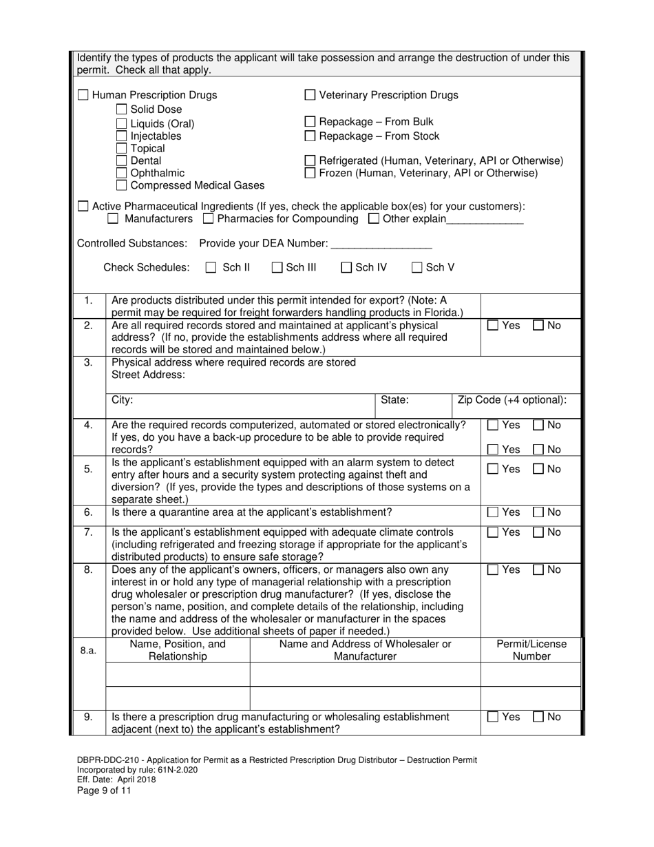 Form DBPR-DDC-210 Application Restricted Prescription Drug Distributor - Destruction Permit - Florida, Page 9