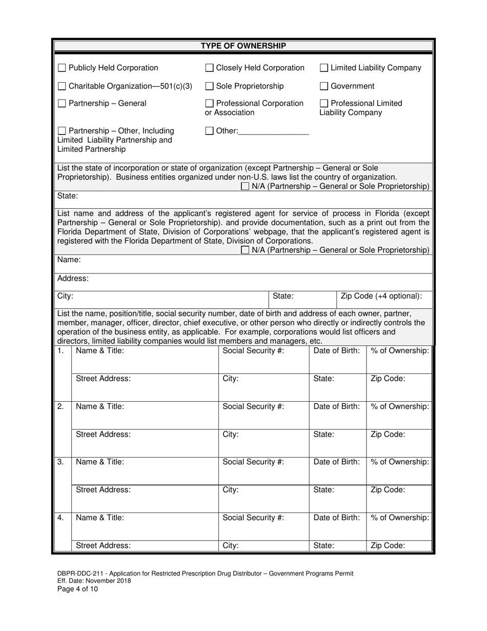 Form DBPR-DDC-211 Application for Restricted Prescription Drug Distributor - Government Programs Permit - Florida, Page 4