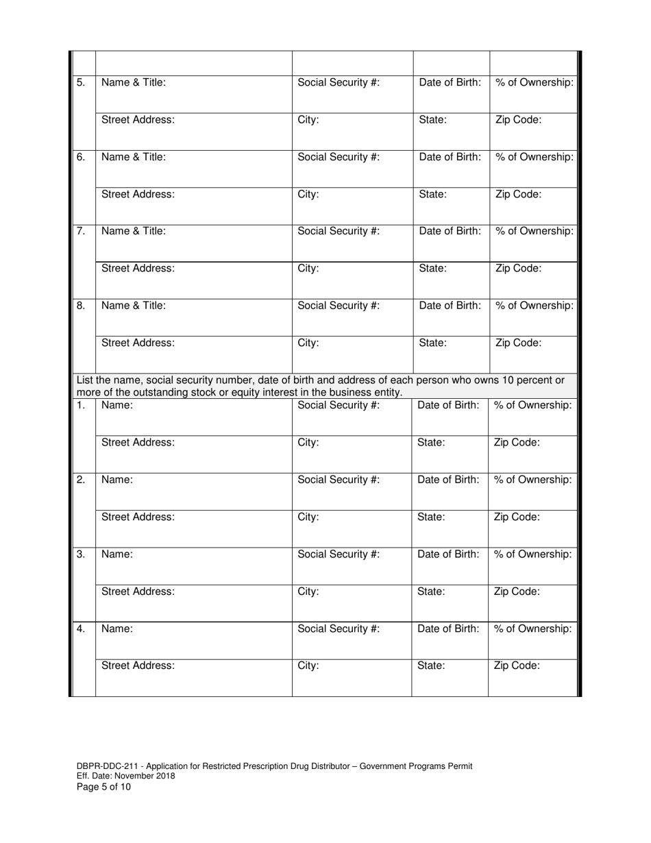 Form DBPR-DDC-211 Application for Restricted Prescription Drug Distributor - Government Programs Permit - Florida, Page 5