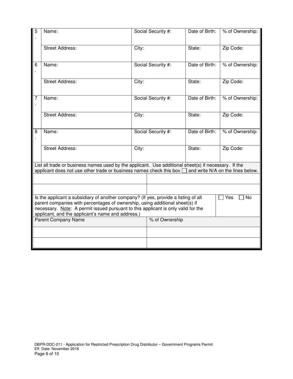 Form DBPR-DDC-211 Application for Restricted Prescription Drug Distributor - Government Programs Permit - Florida, Page 6