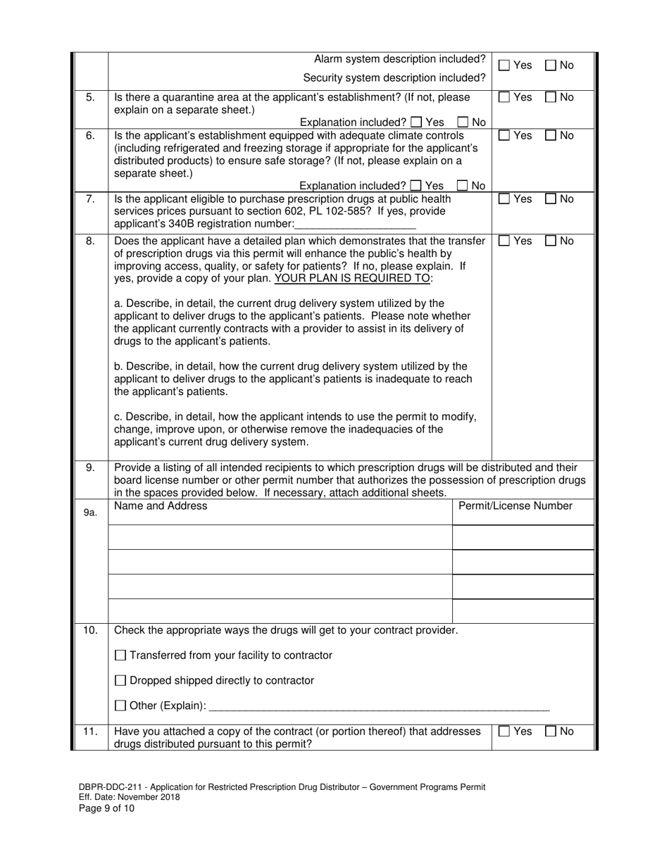 Form DBPR-DDC-211 Application for Restricted Prescription Drug Distributor - Government Programs Permit - Florida, Page 9