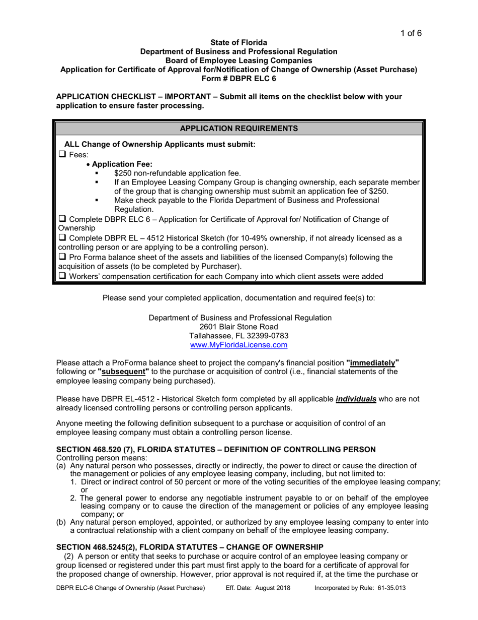 Form DBPR ELC-6 Application for Certificate of Approval for / Notification of Change of Ownership (Asset Purchase) - Florida, Page 1