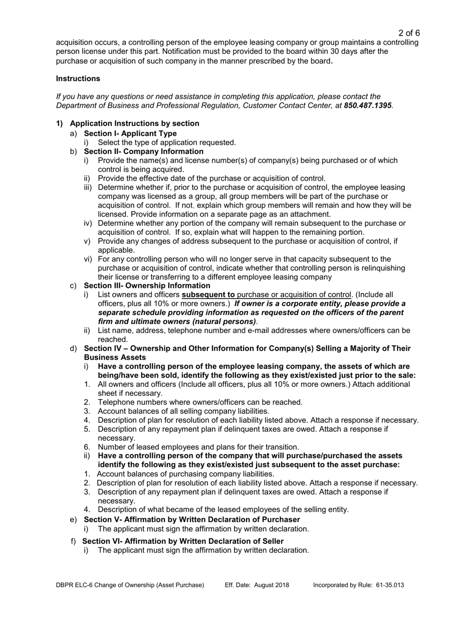Form DBPR ELC-6 Application for Certificate of Approval for / Notification of Change of Ownership (Asset Purchase) - Florida, Page 2