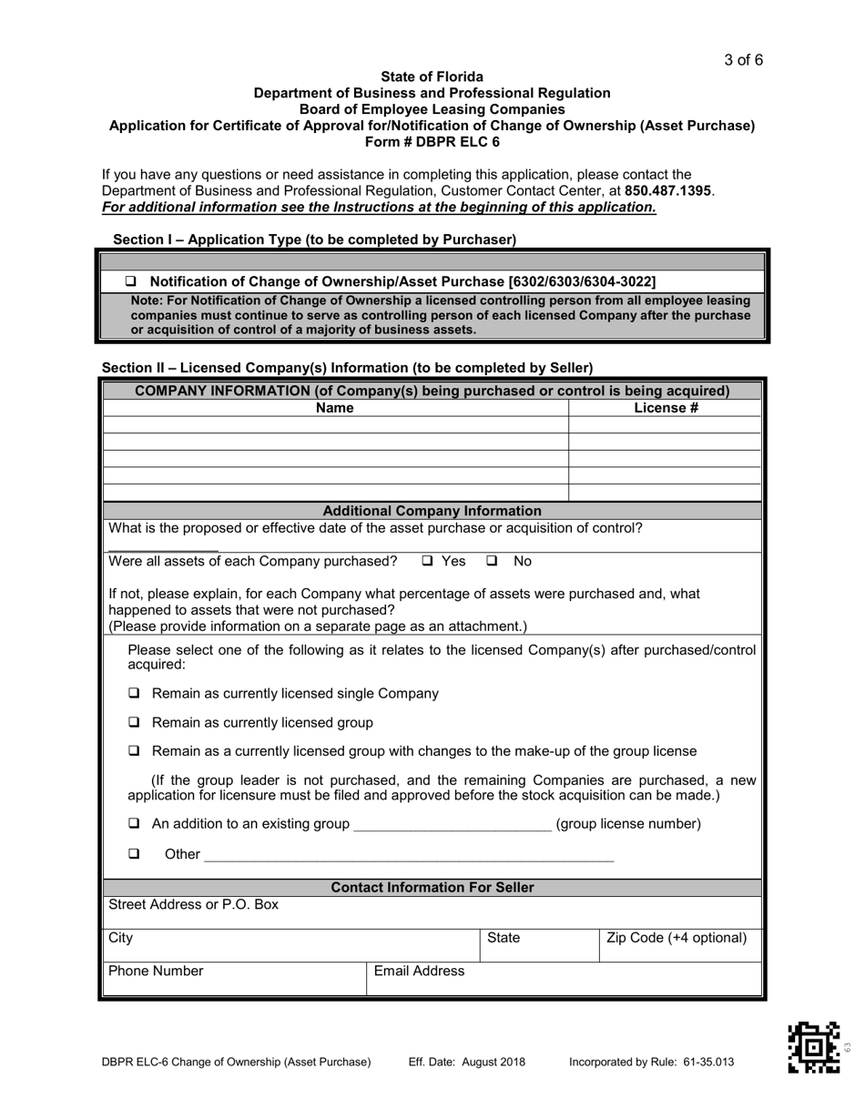 Form DBPR ELC-6 Application for Certificate of Approval for / Notification of Change of Ownership (Asset Purchase) - Florida, Page 3
