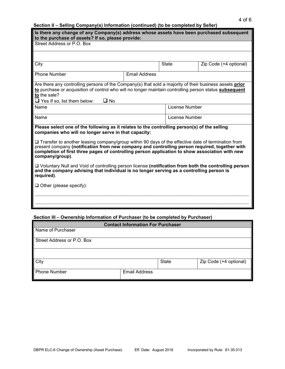 Form DBPR ELC-6 Application for Certificate of Approval for / Notification of Change of Ownership (Asset Purchase) - Florida, Page 4