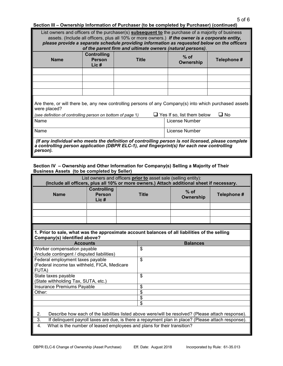 Form DBPR ELC-6 Application for Certificate of Approval for / Notification of Change of Ownership (Asset Purchase) - Florida, Page 5