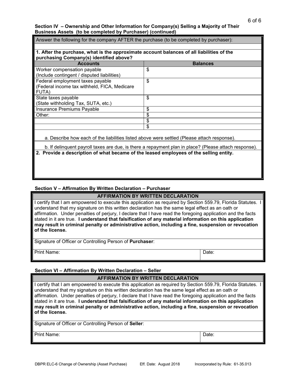 Form DBPR ELC-6 Application for Certificate of Approval for / Notification of Change of Ownership (Asset Purchase) - Florida, Page 6