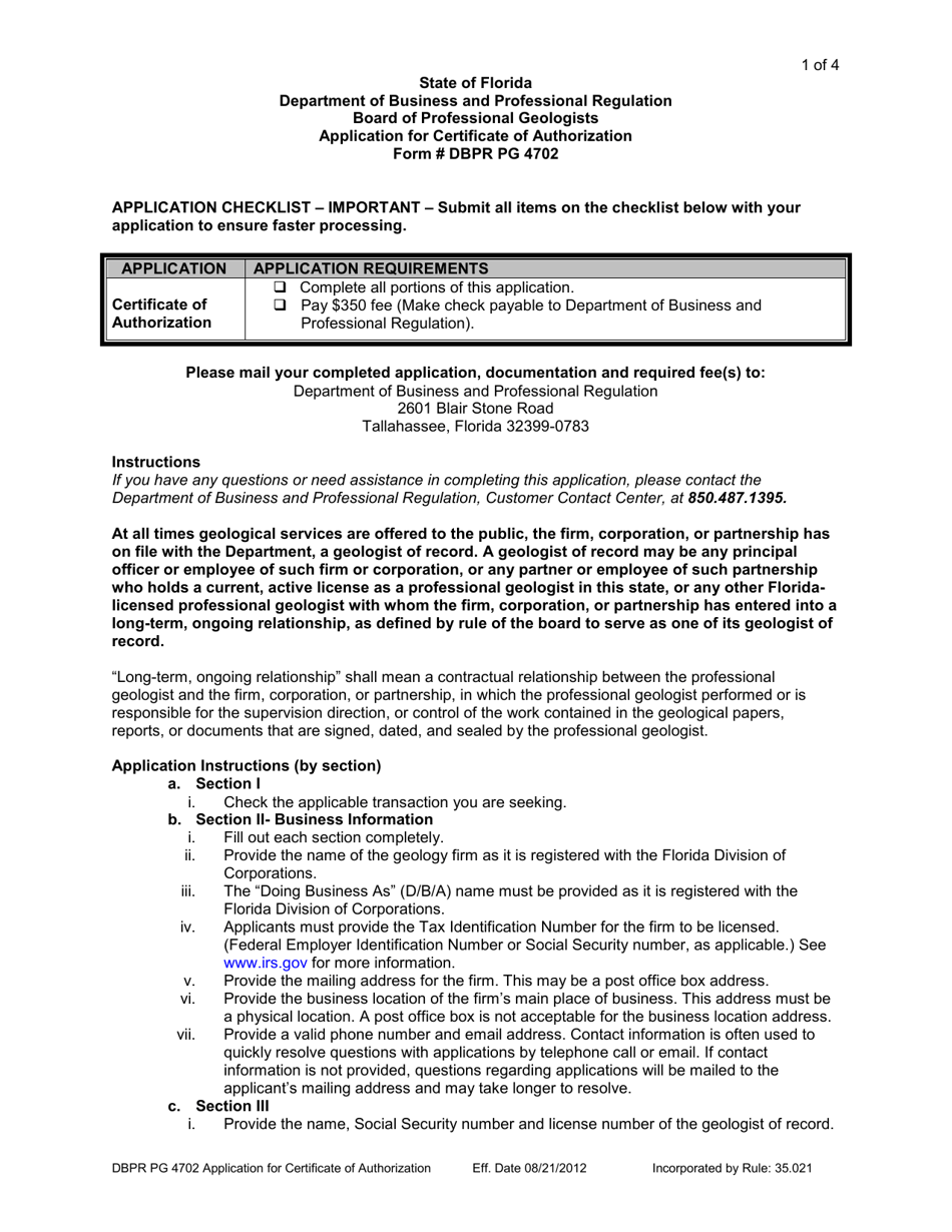 Form DBPR PG4702 Application for Certificate of Authorization - Florida, Page 1