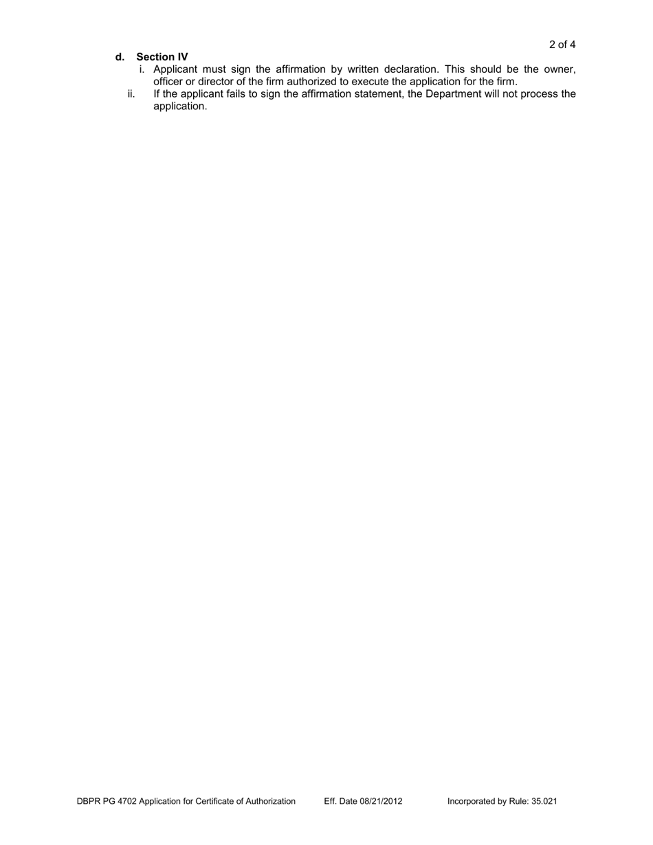 Form DBPR PG4702 Application for Certificate of Authorization - Florida, Page 2