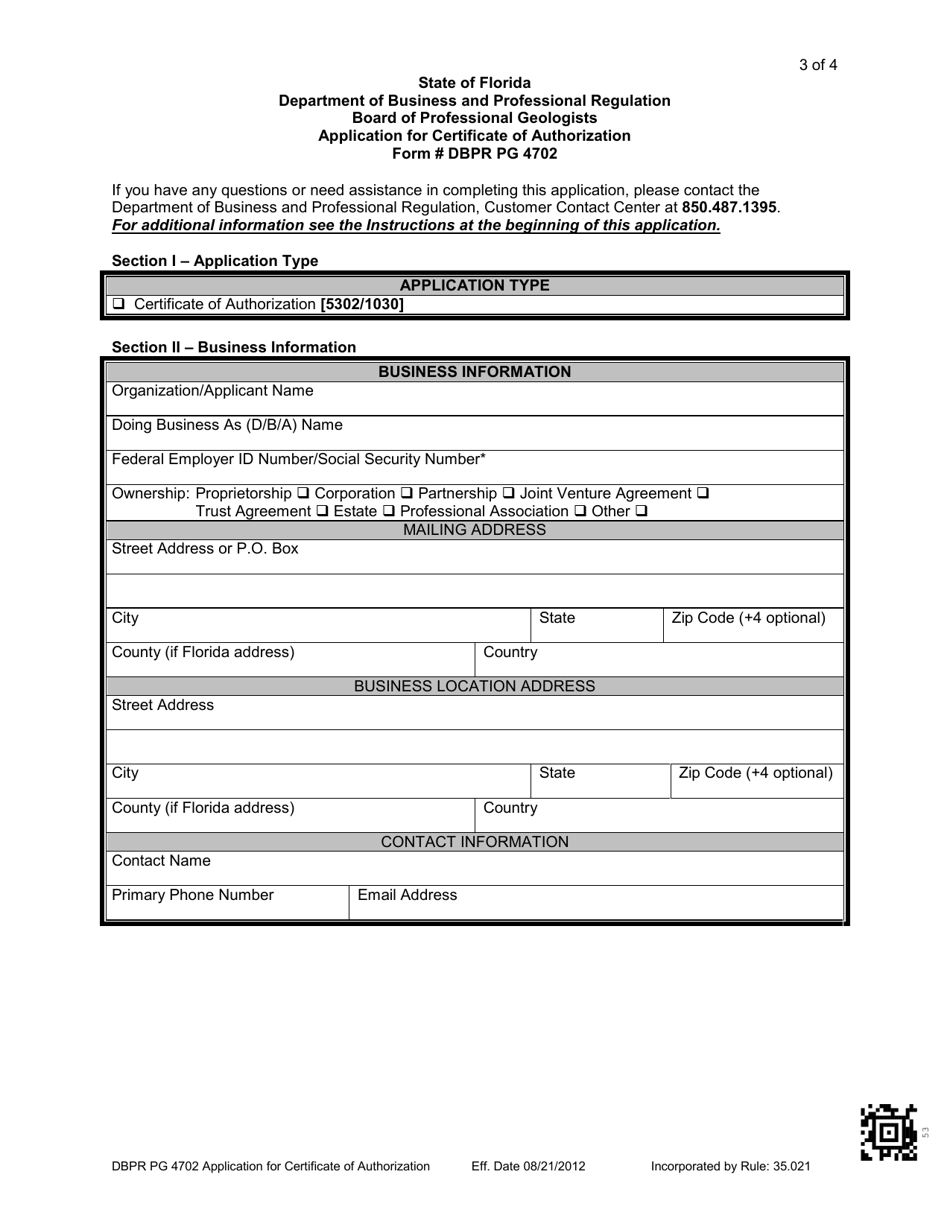 Form DBPR PG4702 Application for Certificate of Authorization - Florida, Page 3