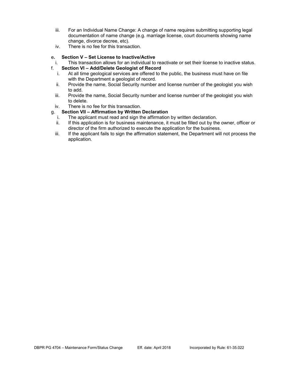 Form DBPR PG4704 Maintenance Form / Status Change - Florida, Page 2