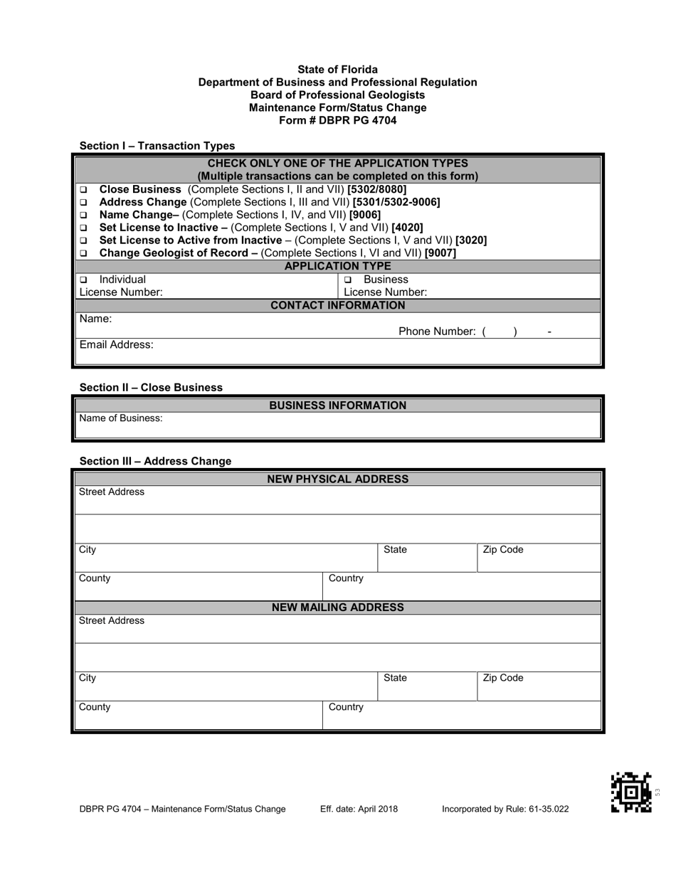Form DBPR PG4704 Maintenance Form / Status Change - Florida, Page 3