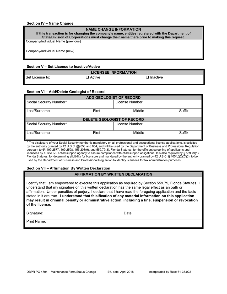 Form DBPR PG4704 Maintenance Form / Status Change - Florida, Page 4