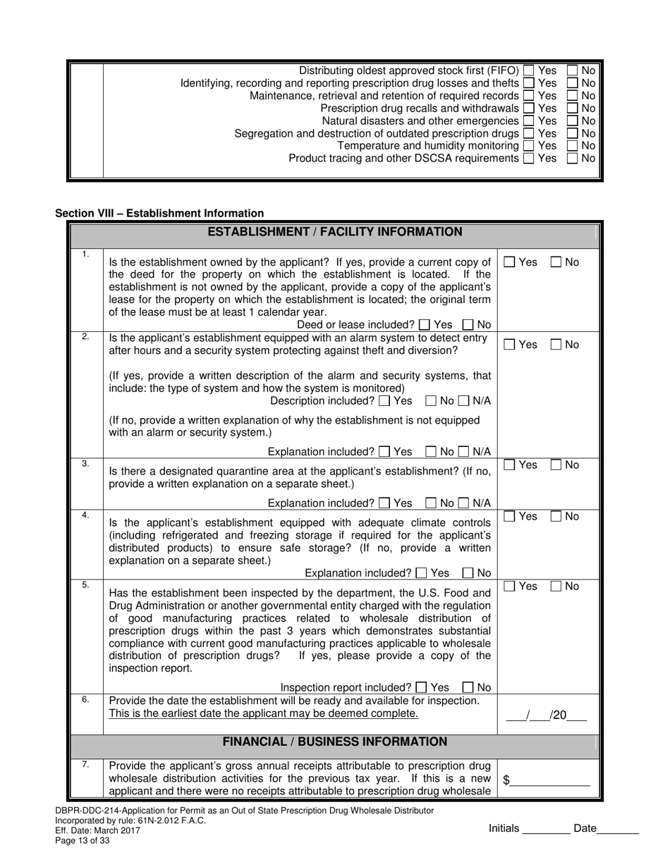 Form DBPR-DDC-214 Application for Permit as an Out-of-State Prescription Drug Wholesale Distributor - Florida, Page 13