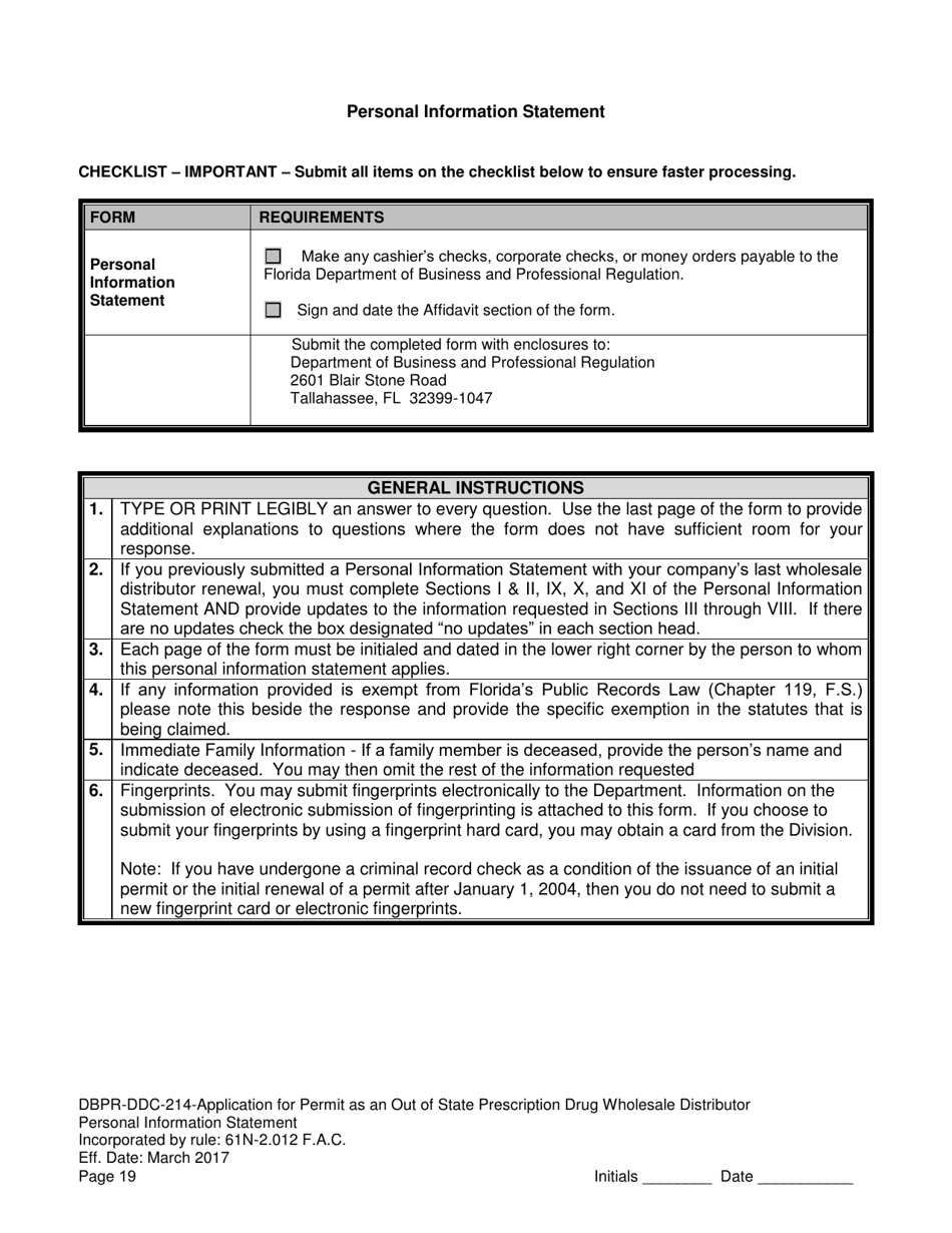 Form DBPR-DDC-214 Application for Permit as an Out-of-State Prescription Drug Wholesale Distributor - Florida, Page 19