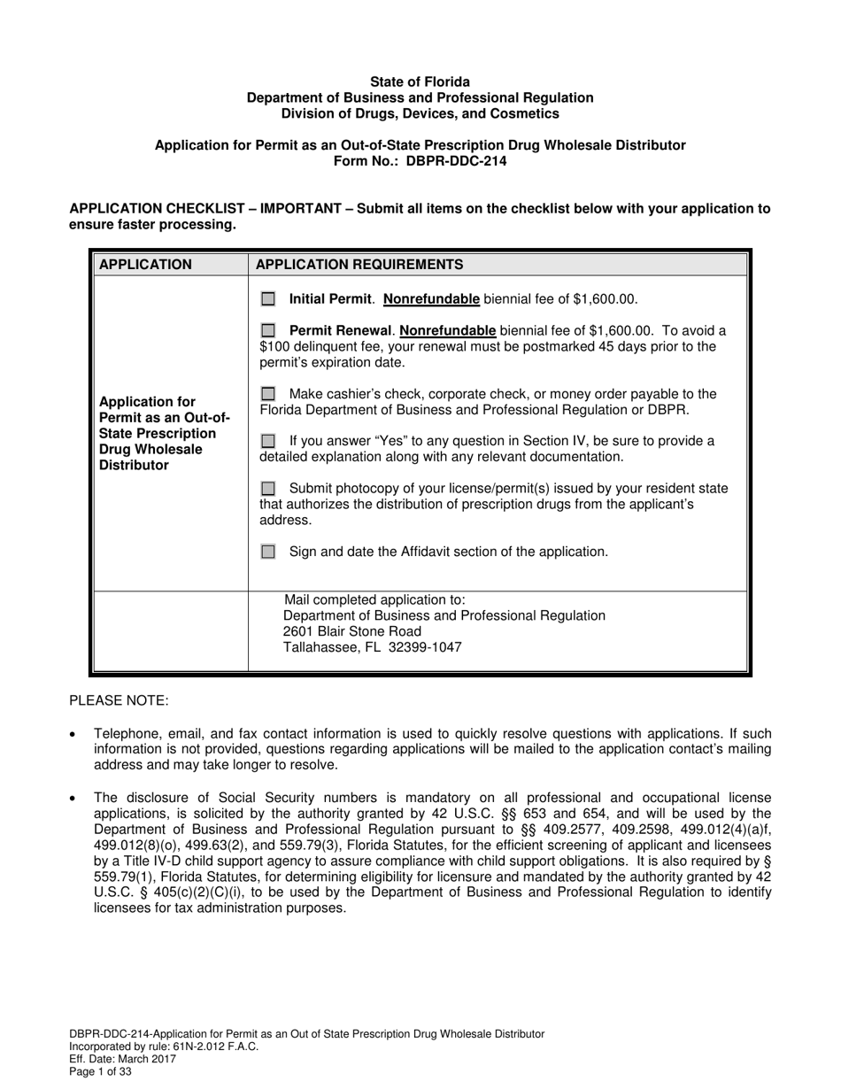 Form DBPR-DDC-214 Application for Permit as an Out-of-State Prescription Drug Wholesale Distributor - Florida, Page 1