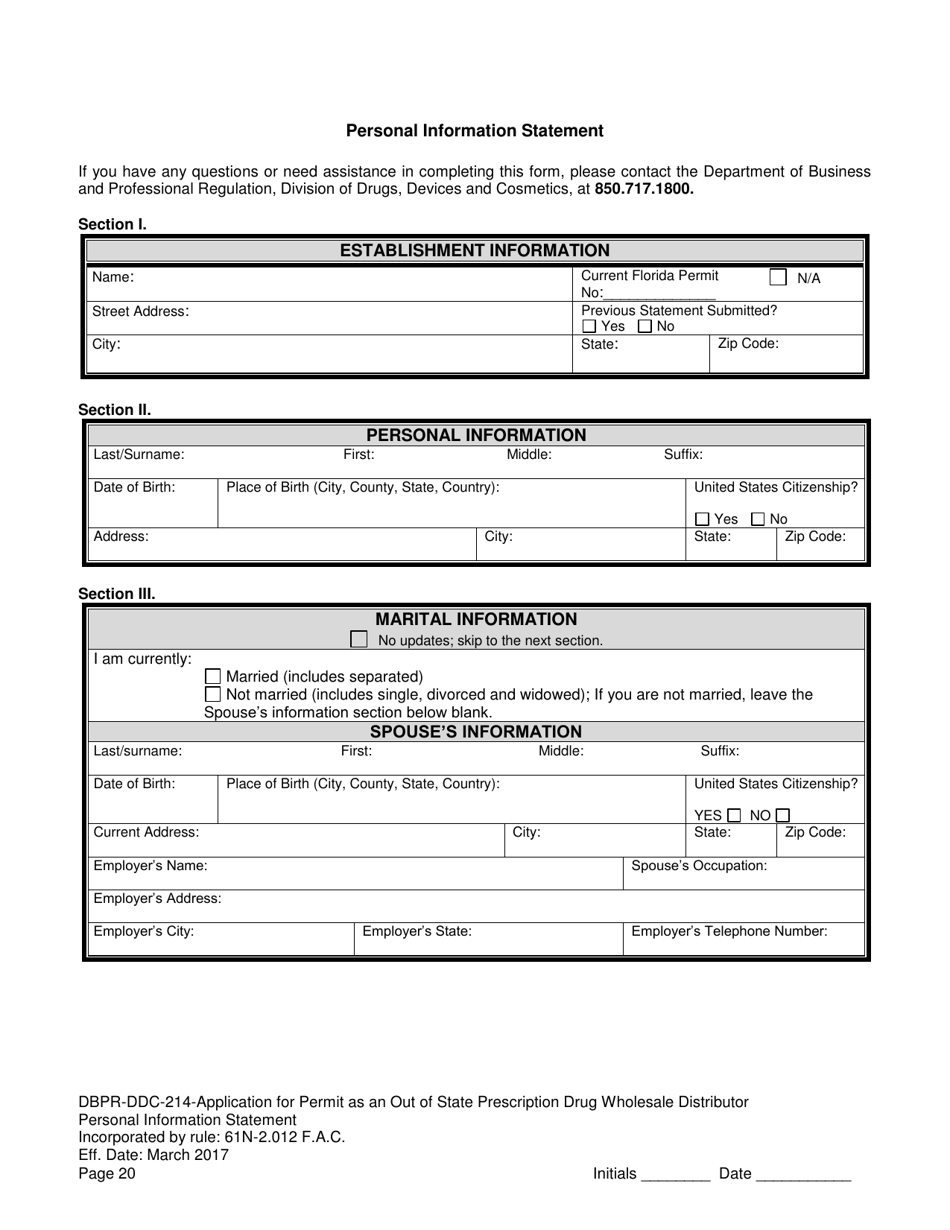 Form DBPR-DDC-214 Application for Permit as an Out-of-State Prescription Drug Wholesale Distributor - Florida, Page 20