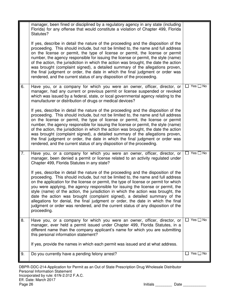 Form DBPR-DDC-214 Application for Permit as an Out-of-State Prescription Drug Wholesale Distributor - Florida, Page 26