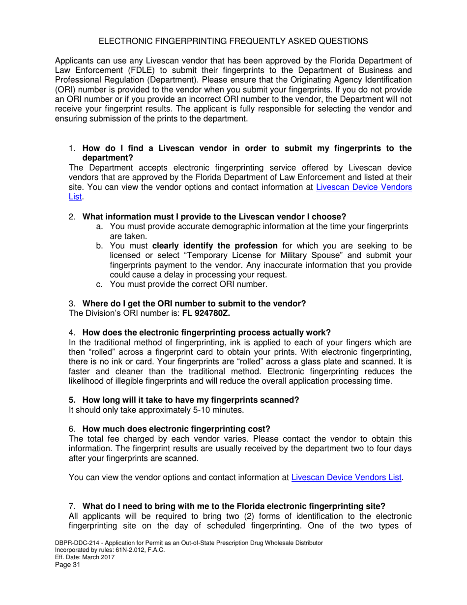 Form DBPR-DDC-214 Application for Permit as an Out-of-State Prescription Drug Wholesale Distributor - Florida, Page 31