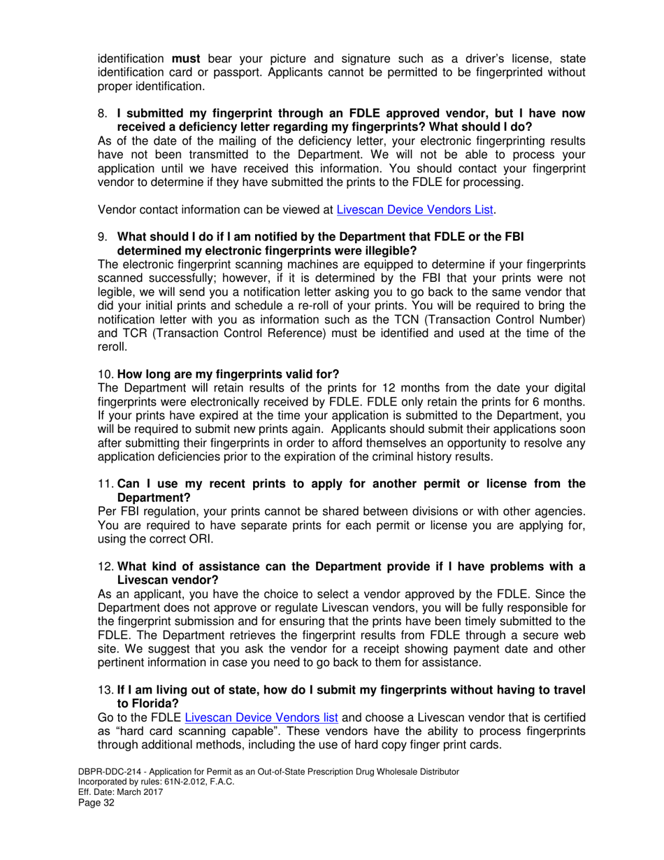 Form DBPR-DDC-214 Application for Permit as an Out-of-State Prescription Drug Wholesale Distributor - Florida, Page 32