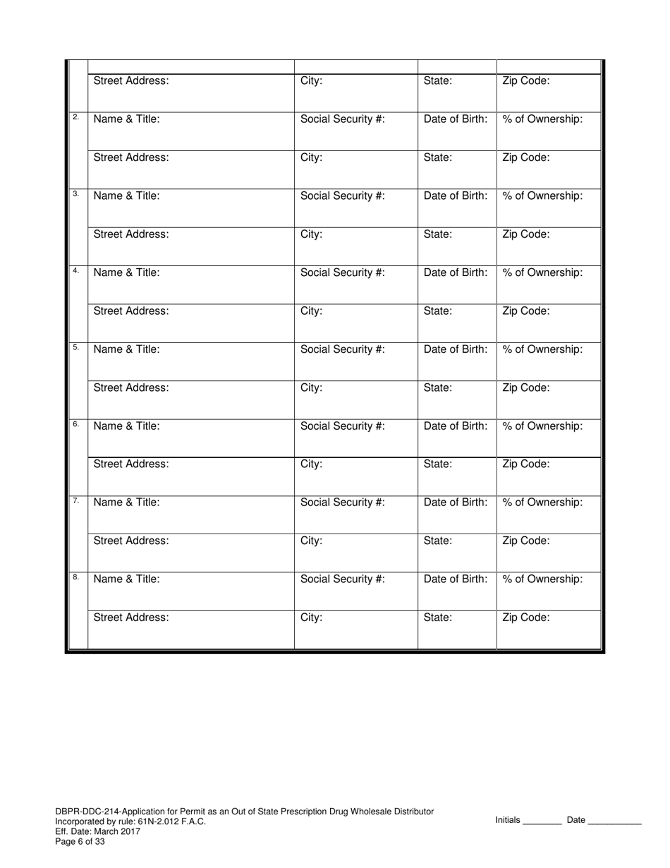 Form DBPR-DDC-214 Application for Permit as an Out-of-State Prescription Drug Wholesale Distributor - Florida, Page 6