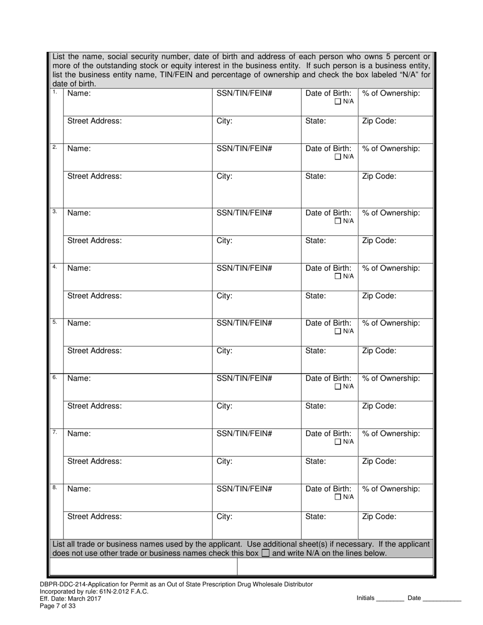 Form DBPR-DDC-214 Application for Permit as an Out-of-State Prescription Drug Wholesale Distributor - Florida, Page 7