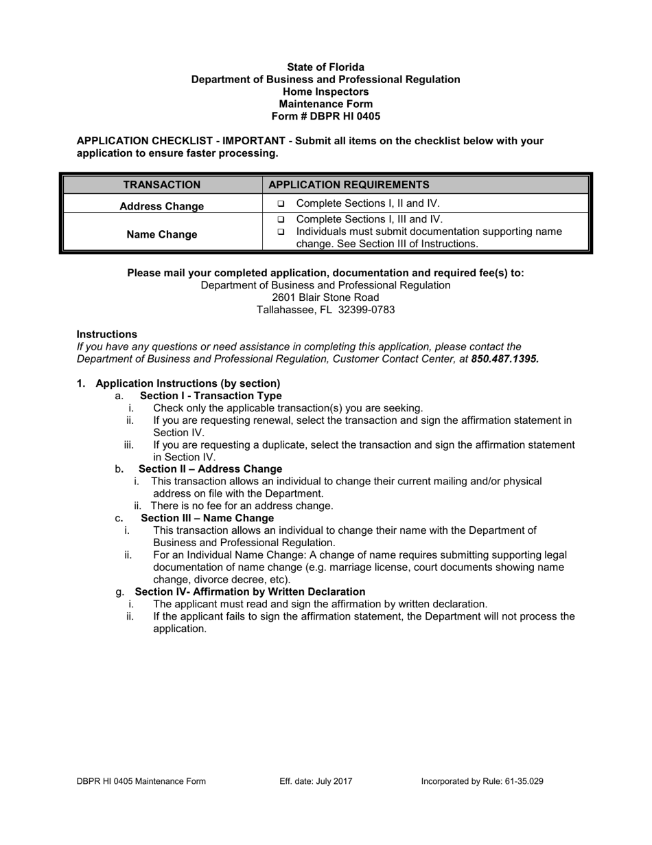 Form DBPR HI0405 Maintenance Form - Florida, Page 1