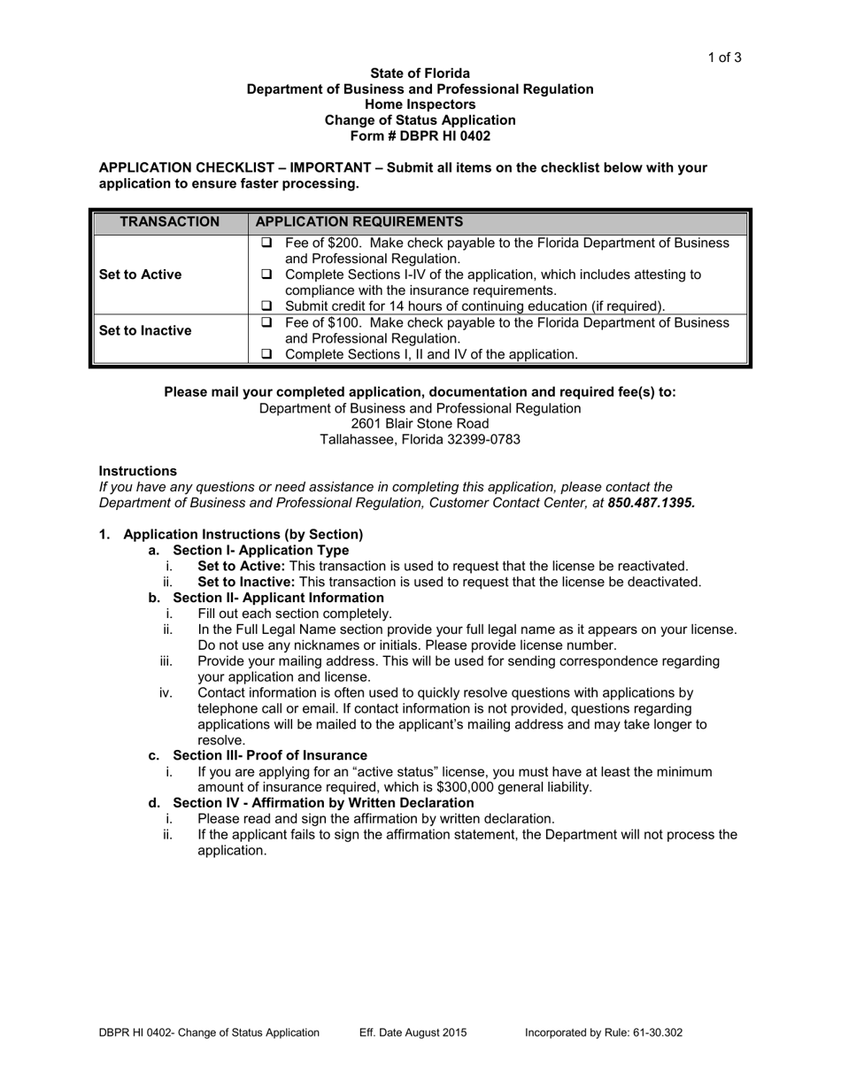 Form DBPR HI0402 Change of Status Application - Florida, Page 1